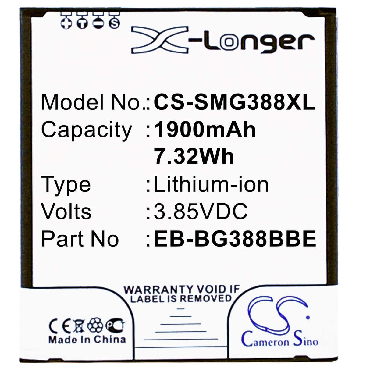 3.85V, Li-ion, 1900mAh, batterie de smartphone compatible Samsung, Eb-bg388bbe, Galaxy Active Neo, Galaxy Xcover 3, 7.32Wh Mobile, Smartphone Cameron Sino Technology Limited (Smartphone)