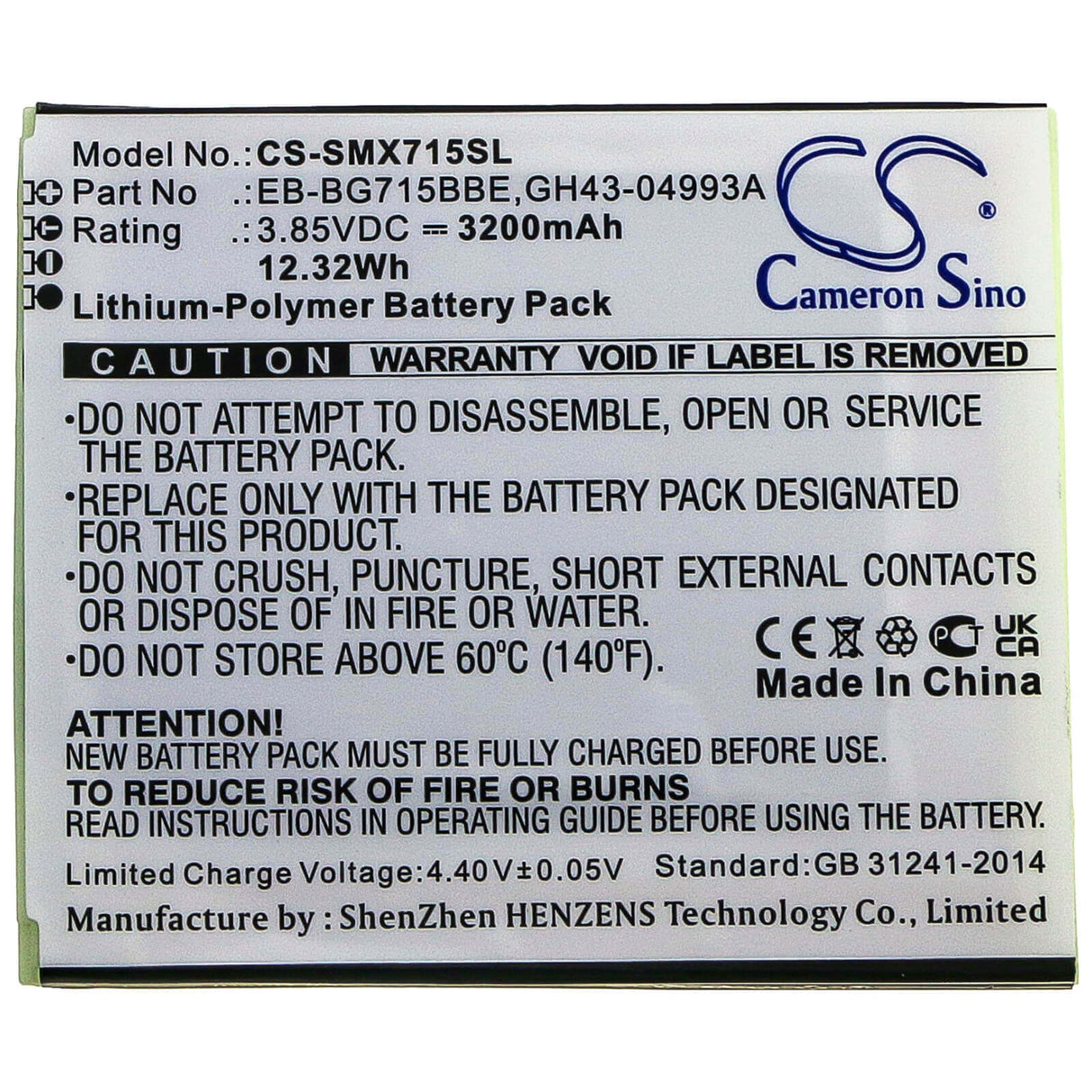 3.85V, Li-Polymer, 3200mAh, SmartPhone battery fits Samsung, Eb-bg715bbe, Galaxy Xcover Pro, Sm-g715, 12.32Wh Mobile, SmartPhone Cameron Sino Technology Limited (Smartphone)