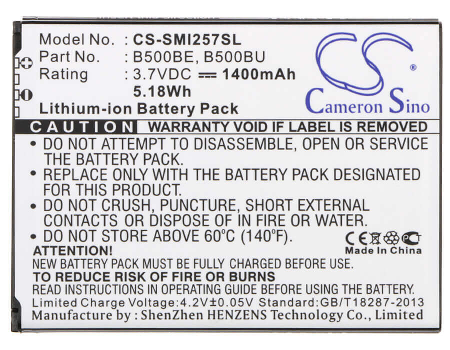 3.7V, Li-ion, 1400mAh, SmartPhone battery fits Samsung, B500au, Galaxy S4 Mini, Galaxy S4 Mini Duos, 5.18Wh Mobile, SmartPhone Cameron Sino Technology Limited (Smartphone)