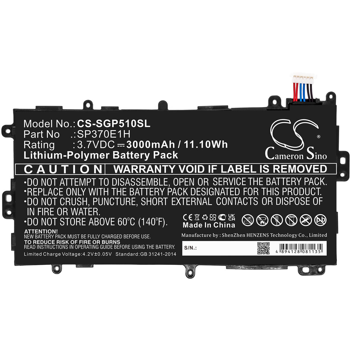 3.7V, Li-Polymer, 3000mAh, Tablet battery fits Samsung, Sp3770e1h, Galaxy Note 8.0, Galaxy Note 8.0 32gb, 11.10Wh Tablet Cameron Sino Technology Limited