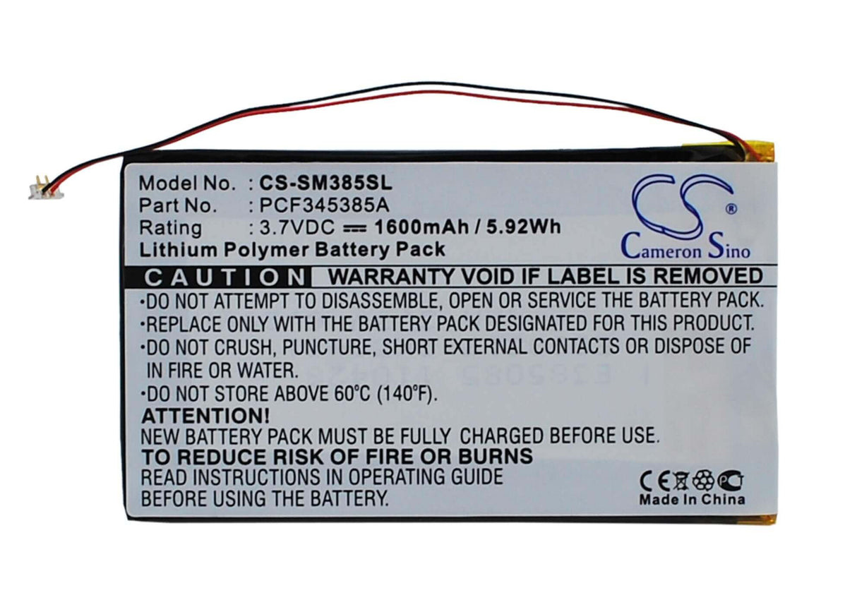 3.7V, Li-Polymer, 1600mAh, Media Player battery fits Samsung, Pcf345385a, Napster Mp3 Player, Pmpsgy910, 5.92Wh Media Player Cameron Sino Technology Limited