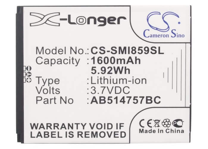 3.7V, Li-ion, 1600mAh, SmartPhone battery fits Samsung, Ab514757bc, Sch-i859, Sgh-i728a, 5.92Wh Mobile, SmartPhone Cameron Sino Technology Limited (Suspended)