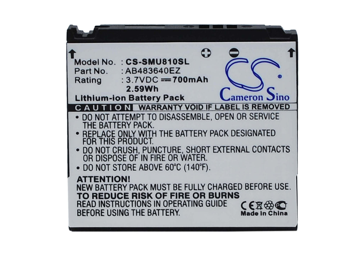 3.7V, Li-ion, 700mAh, SmartPhone battery fits Verizon, Ab483640ez, Gleam U700, Renown U810, 2.59Wh Mobile, SmartPhone Cameron Sino Technology Limited (Suspended)