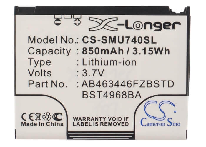 3.7V, Li-ion, 850mAh, SmartPhone battery fits Samsung, Ab463446fz, Sch-u740, Sch-u740 Alias, 3.15Wh Mobile, SmartPhone Cameron Sino Technology Limited (Suspended)