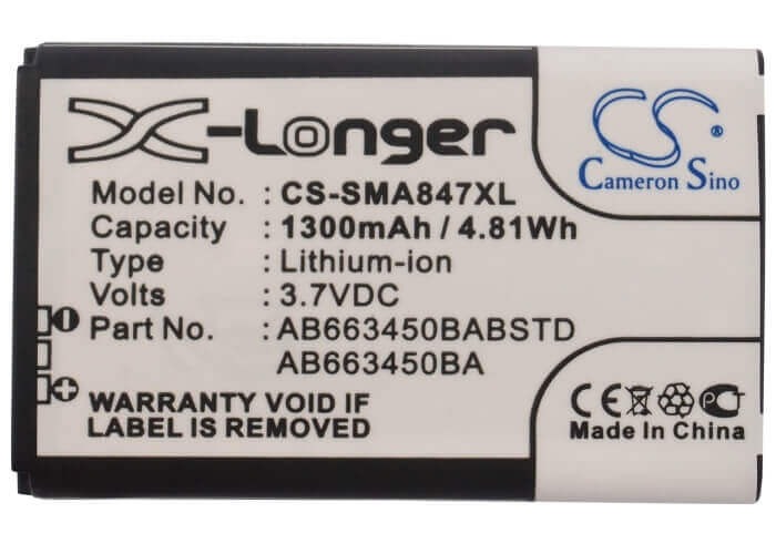3.7V, Li-ion, 1300mAh, SmartPhone battery fits Samsung, Ab663450ba, Rugby Ii, Rugby Ii A847, 4.81Wh Mobile, SmartPhone Cameron Sino Technology Limited (Suspended)