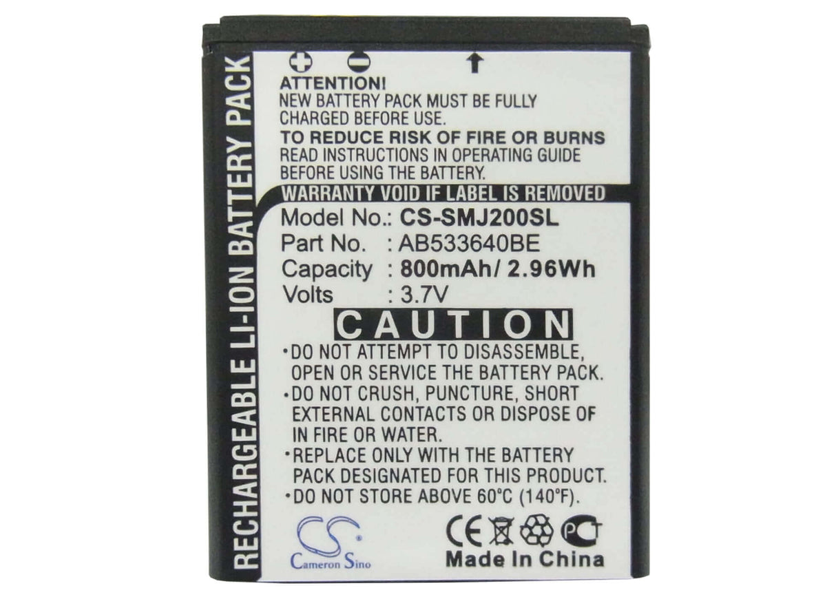 3.7V, Li-ion, 800mAh, SmartPhone battery fits Samsung, Ab533640be, Sgh-j200, 2.96Wh Mobile, SmartPhone Cameron Sino Technology Limited (Smartphone)