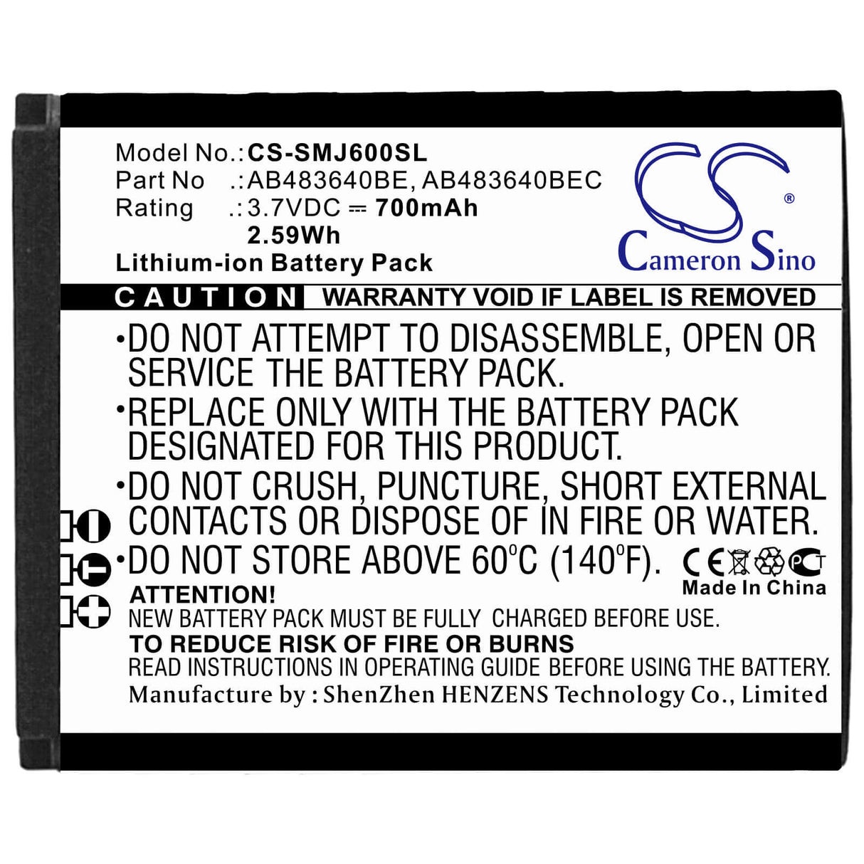 3.7V, Li-ion, 700mAh, SmartPhone battery fits Samsung, Ab483640be, B3210 Corby Txt, Corby Txt, 2.59Wh Mobile, SmartPhone Cameron Sino Technology Limited (Smartphone)