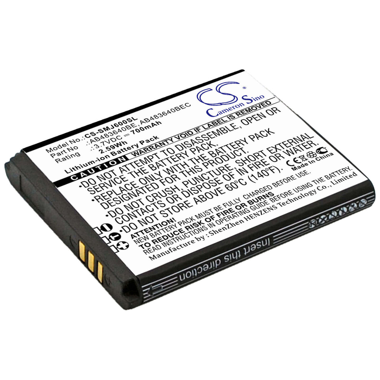 3.7V, Li-ion, 700mAh, SmartPhone battery fits Samsung, Ab483640be, B3210 Corby Txt, Corby Txt, 2.59Wh Mobile, SmartPhone Cameron Sino Technology Limited (Smartphone)
