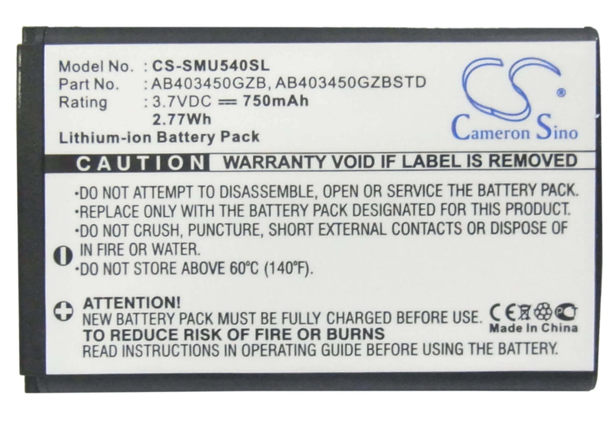 3.7V, Li-ion, 750mAh, SmartPhone battery fits Samsung, Ab403450gz, Sch-u540, Sch-u550, 2.78Wh Mobile, SmartPhone Cameron Sino Technology Limited (Suspended)