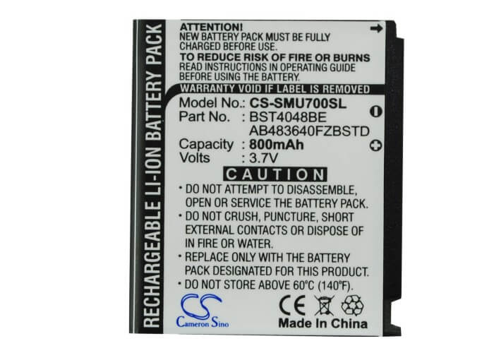 3.7V, Li-ion, 800mAh, SmartPhone battery fits Samsung, Ab483640cu, Gt-s5230, Gt-s5230 Star, 2.96Wh Mobile, SmartPhone Cameron Sino Technology Limited (Suspended)
