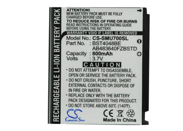 3.7V, Li-ion, 800mAh, SmartPhone battery fits Samsung, Ab483640cu, Gt-s5230, Gt-s5230 Star, 2.96Wh Mobile, SmartPhone Cameron Sino Technology Limited (Suspended)