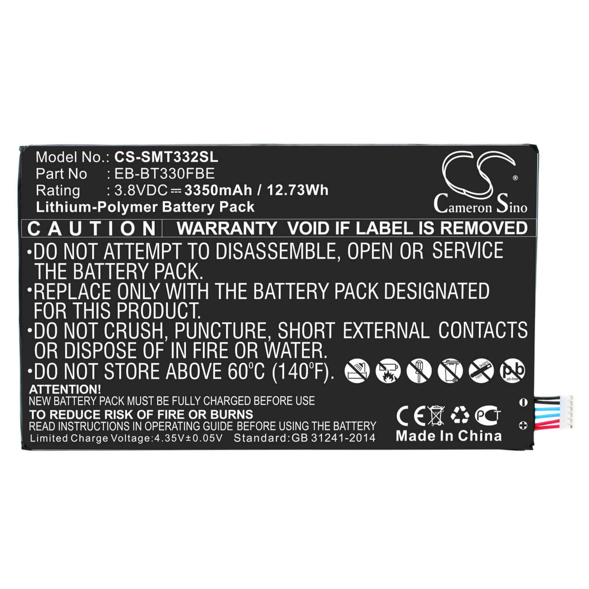 3.8V, Li-Polymer, 3350mAh, Tablet battery fits Samsung, Eb-bt330fbe, Galaxy Tab4 8.0 3g, Sm-t330, 12.73Wh Tablet Cameron Sino Technology Limited
