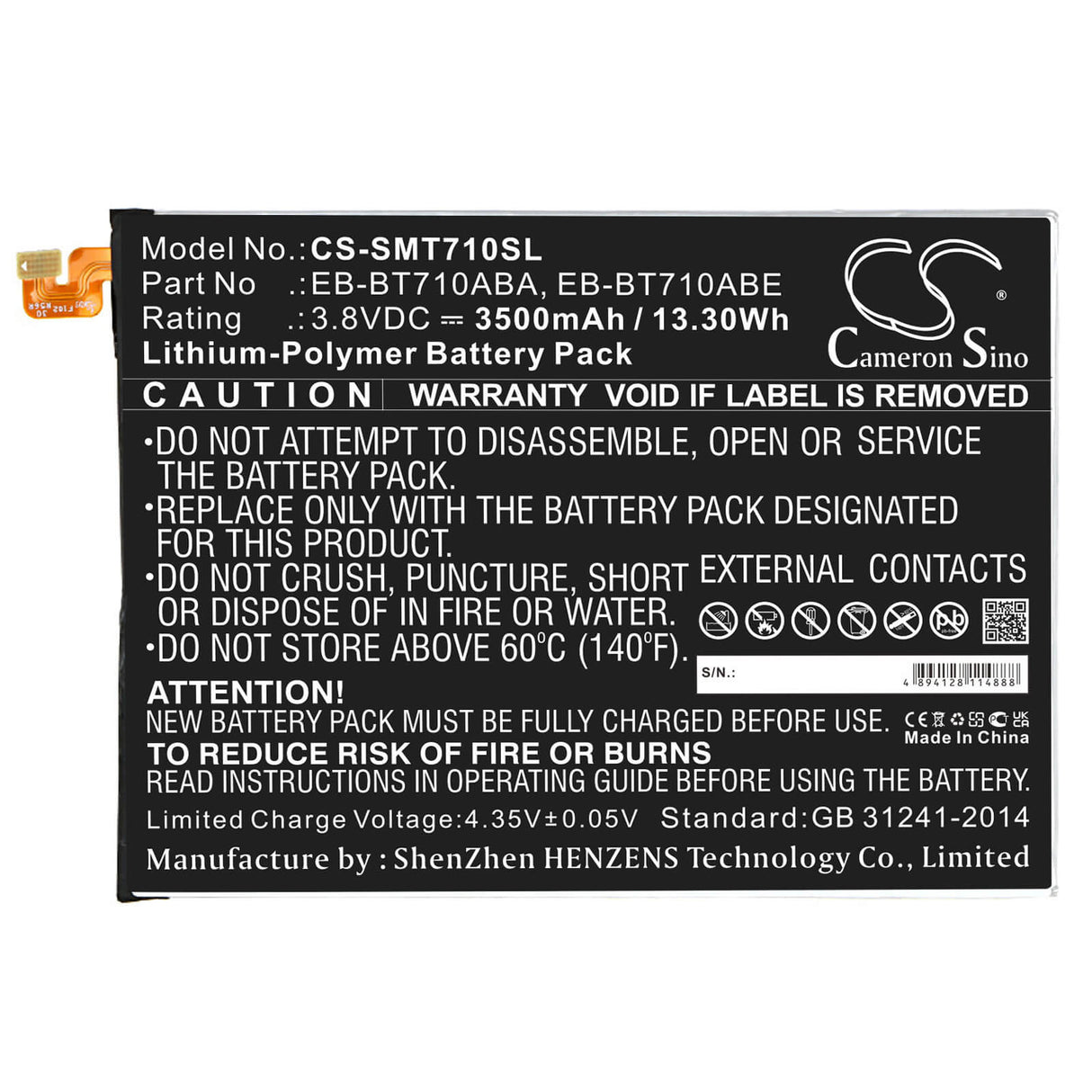 3.8V, Li-Polymer, 3500mAh, Tablet battery fits Samsung, Eb-bt710aba, Galaxy Tab S2 8.0 Lte-a, Galaxy Tab S2 8.0 Wifi, 13.30Wh Tablet Cameron Sino Technology Limited