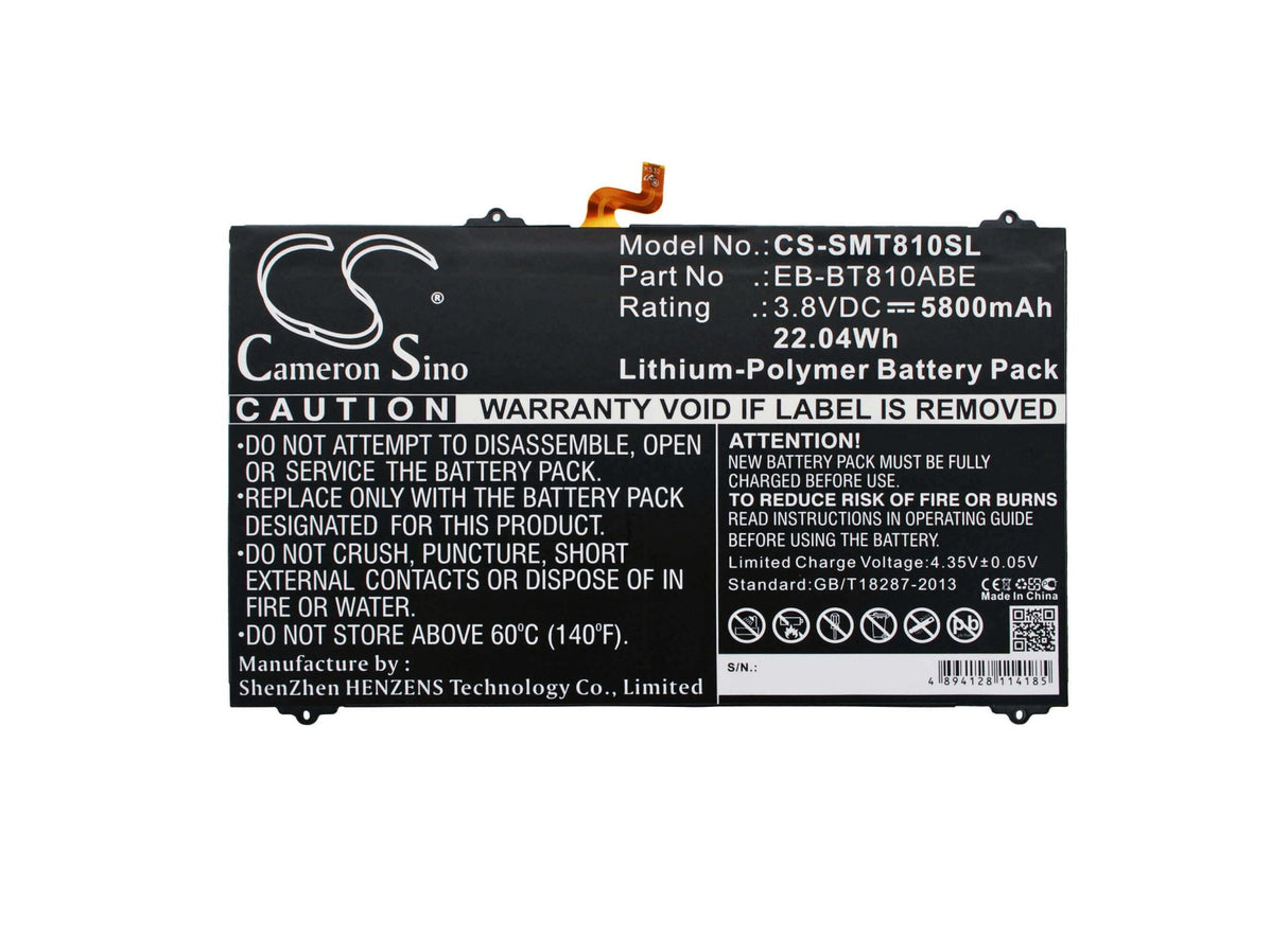 3.8V, Li-Polymer, 5800mAh, Tablet battery fits Samsung, Eb-bt810aba, Galaxy Tab S2 9.7 Lte-a, Galaxy Tab S2 9.7 Td-lte, 22.04Wh Tablet Cameron Sino Technology Limited