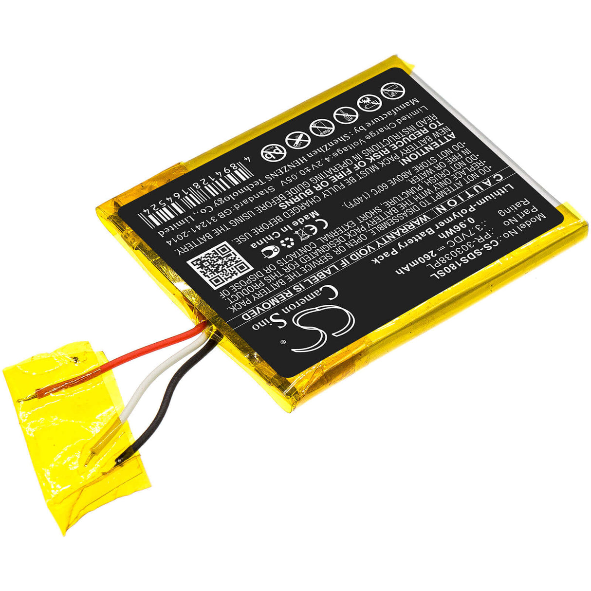 3.7V, Li-Polymer, 260mAh, Media Player battery fits Sandisk, Pr-303038pl, Clip Plus, Sansa Clip Zip, 0.96Wh Media Player Cameron Sino Technology Limited
