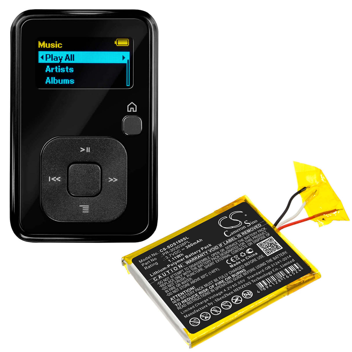 3.7V, Li-Polymer, 260mAh, Media Player battery fits Sandisk, Pr-303038pl, Clip Plus, Sansa Clip Zip, 0.96Wh Media Player Cameron Sino Technology Limited