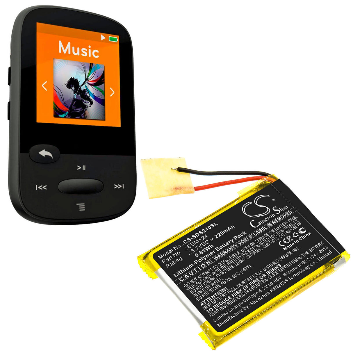 3.7V, Li-Polymer, 220mAh, Media Player battery fits Sandisk, Sdmx24, Sansa Clip Sport, 0.81Wh Media Player Cameron Sino Technology Limited