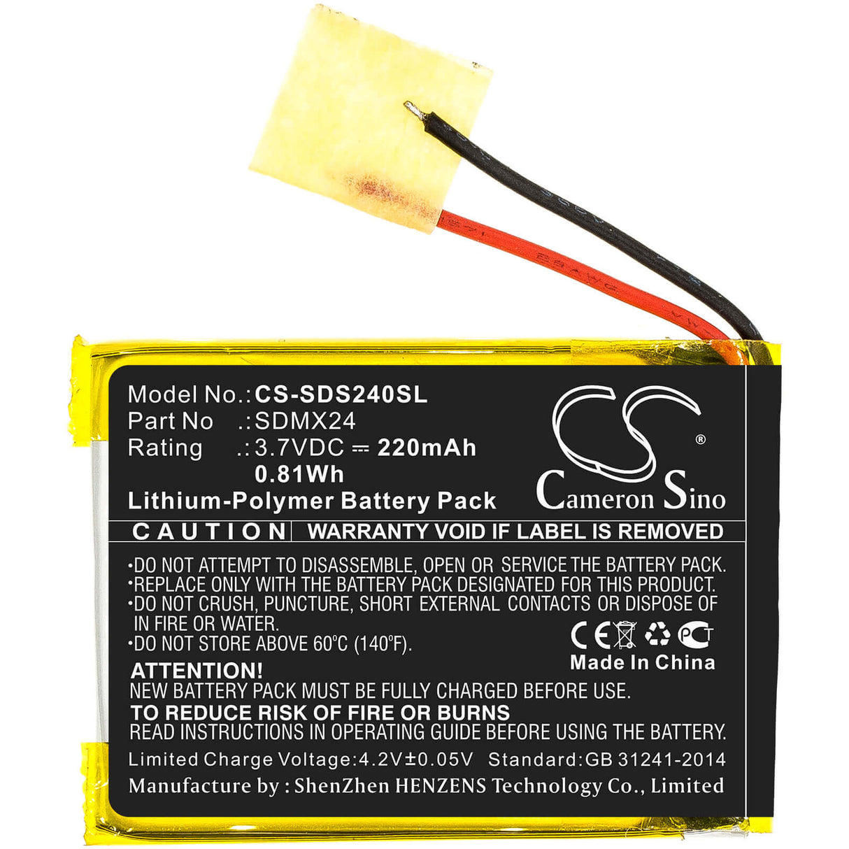 3.7V, Li-Polymer, 220mAh, Media Player battery fits Sandisk, Sdmx24, Sansa Clip Sport, 0.81Wh Media Player Cameron Sino Technology Limited
