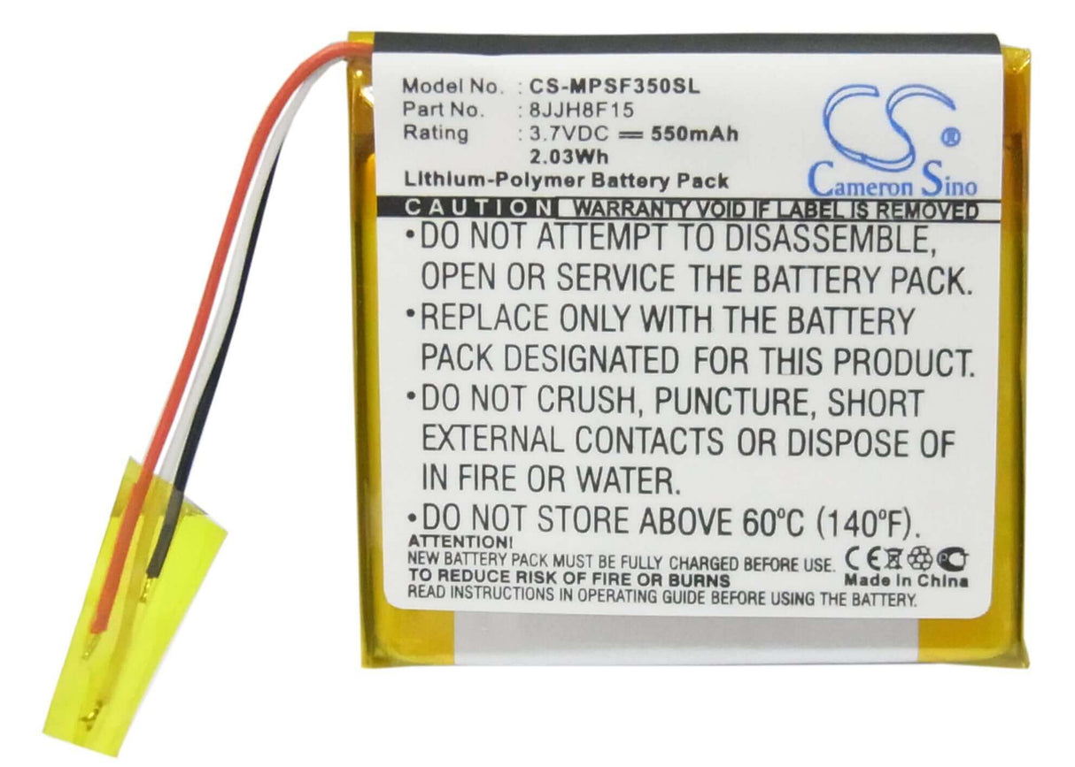 3.7V, Li-Polymer, 550mAh, Media Player battery fits Sandisk, 8jjh8f15, Sansa Fuze 4gb, Sansa Fuze 8gb, 2.04Wh Media Player Cameron Sino Technology Limited (Suspended)