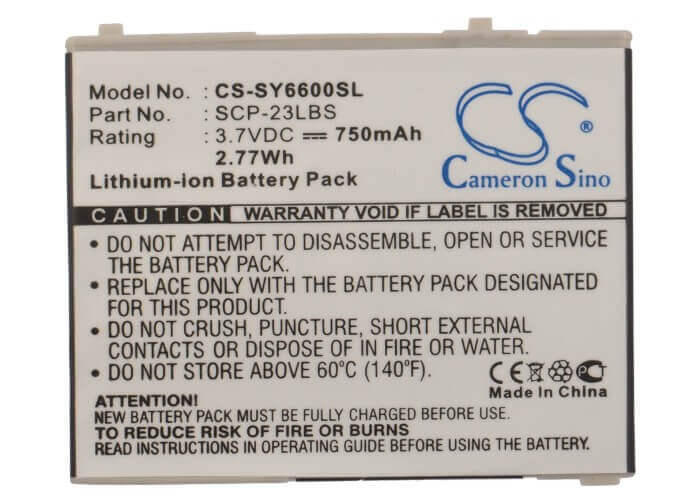 3.7V, Li-ion, 750mAh, SmartPhone battery fits Sanyo, Scp-23lbs, Katana 6600, Scp-6600, 2.78Wh Mobile, SmartPhone Cameron Sino Technology Limited (Suspended)