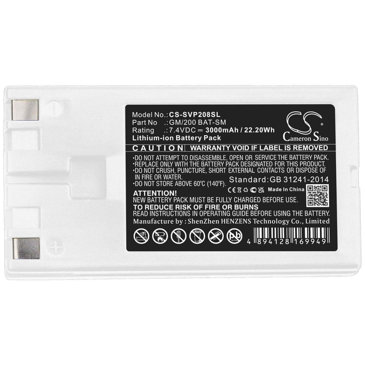 7,4 V, Li-ion, 3000 mAh, batterie d'imprimante portable compatible avec Sato, Gm/200 Bat-sm, Vp208, 22,2 Wh Imprimante portable Cameron Sino Technology Limited