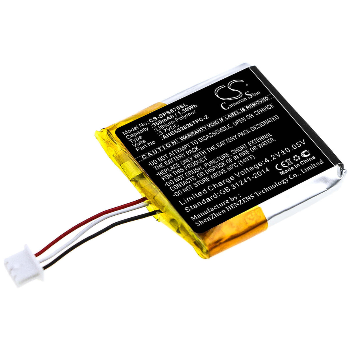3.7V, Li-Polymer, 350mAh, Headset battery fits Sennheiser, Ahb552826tpc-2, Gsp 350, Gsp 500, 1.3Wh Wireless Headset Cameron Sino Technology Limited