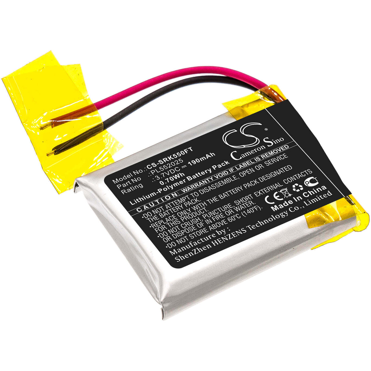 3.7V, Li-Polymer, 190mAh, Flashlight battery fits Shark, Pl552025, 550r, 0.70Wh Flashlight Cameron Sino Technology Limited