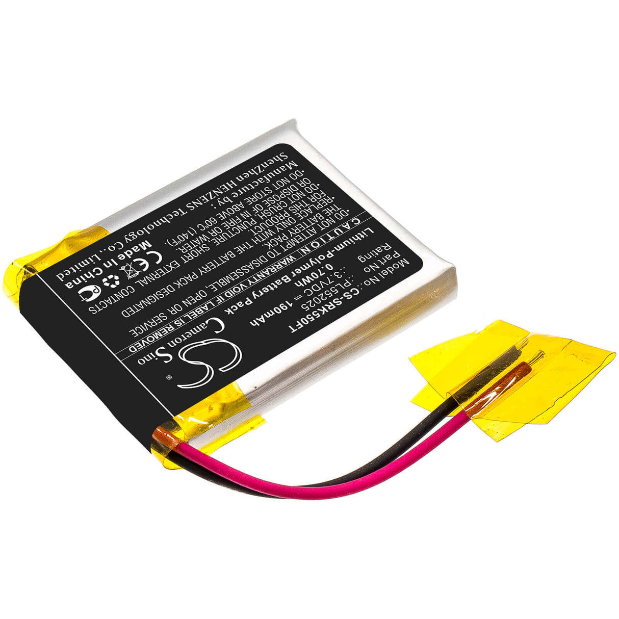 3.7V, Li-Polymer, 190mAh, Flashlight battery fits Shark, Pl552025, 550r, 0.70Wh Flashlight Cameron Sino Technology Limited