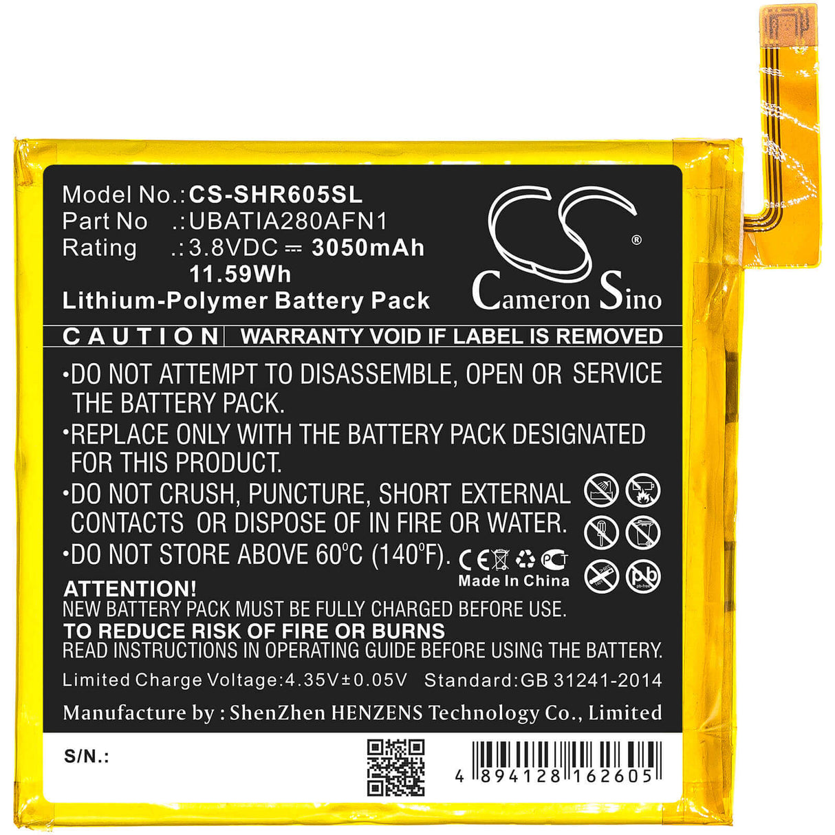 3.8V, Li-Polymer, 3050mAh, SmartPhone battery fits Sharp, Ubatia280afn1, 605sh, Aquos R, 11.59Wh Mobile, SmartPhone Cameron Sino Technology Limited (Smartphone)