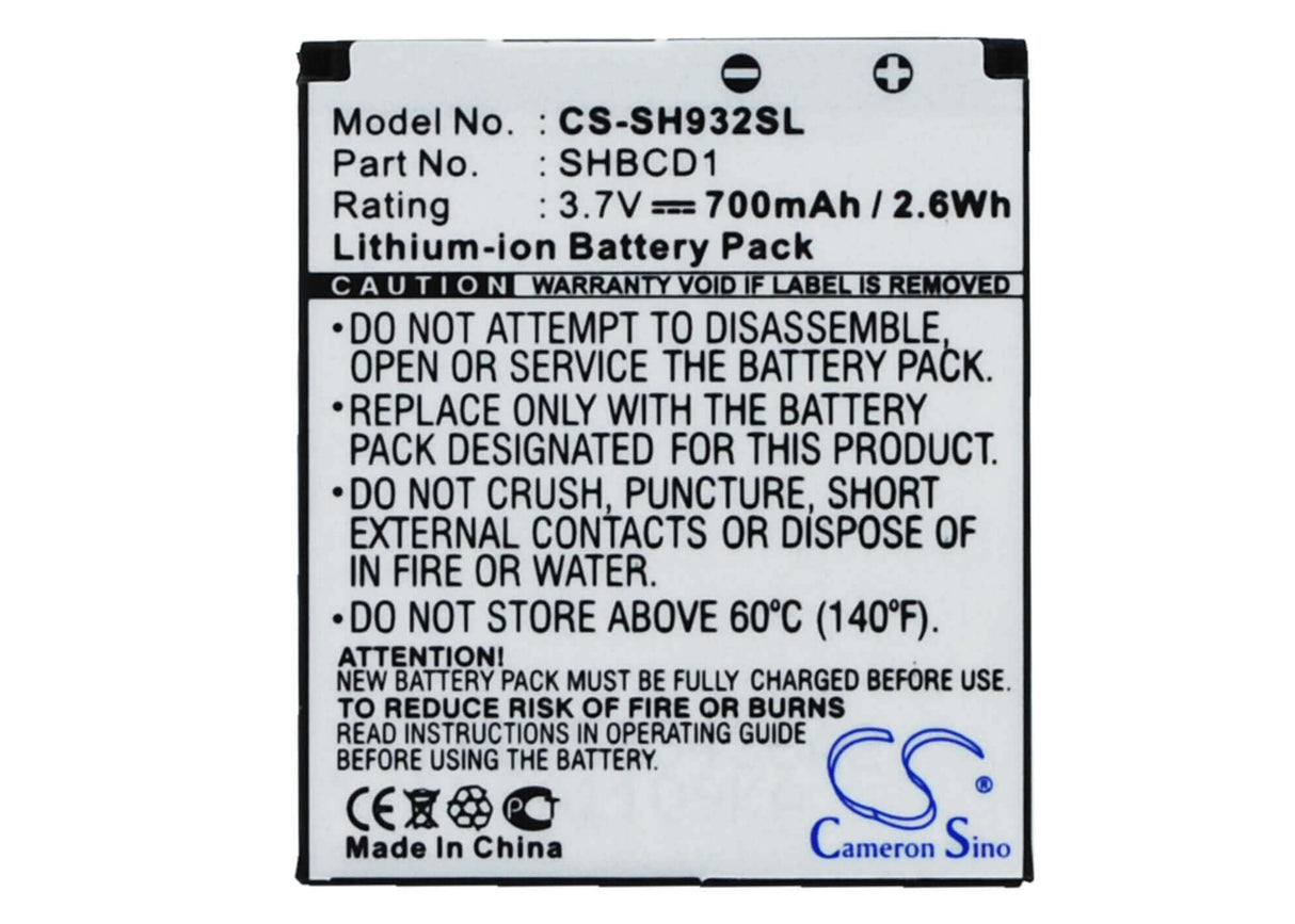 3.7V, Li-ion, 700mAh, SmartPhone battery fits Sharp, Shbcd1, 932sh, 2.59Wh Mobile, SmartPhone Cameron Sino Technology Limited (Suspended)
