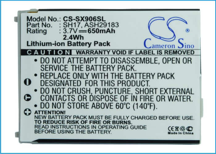 3.7V, Li-ion, 650mAh, SmartPhone battery fits Sharp, Ash29183, 906h, 906i, 2.41Wh Mobile, SmartPhone Cameron Sino Technology Limited (Suspended)