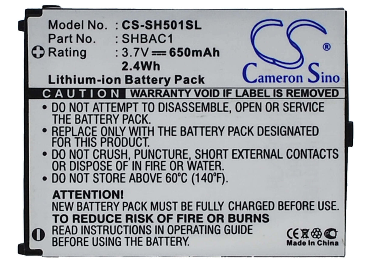 3.7V, Li-ion, 650mAh, SmartPhone battery fits Sharp, Shbac1, Sh501, V501sh, 2.41Wh Mobile, SmartPhone Cameron Sino Technology Limited (Suspended)