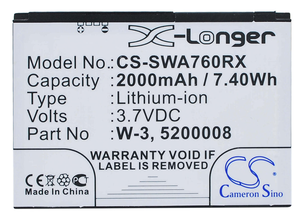 3,7V, Li-ion, 2000mAh, Batterie Hotspot compatible avec Sierra Wireless, 5200008, Aircard 760, Aircard 760s, 7,40Wh Hotspot Cameron Sino Technology Limited