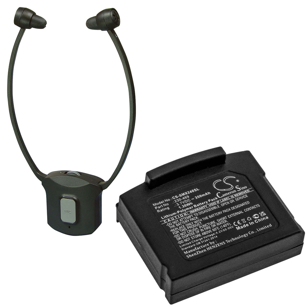 3.7V, Li-Polymer, 350mAh, Headset battery fits Unisar, Sonumaxx, 230-469, 2.4 Pr Receiver, 2.4 Range, 1.3Wh Wireless Headset Cameron Sino Technology Limited