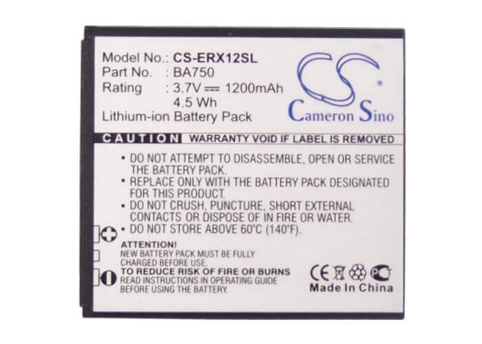 3.7V, Li-ion, 1200mAh, SmartPhone battery fits Sony Ericsson, Ba750, Acro, Anzu, 4.44Wh Mobile, SmartPhone Cameron Sino Technology Limited (Smartphone)