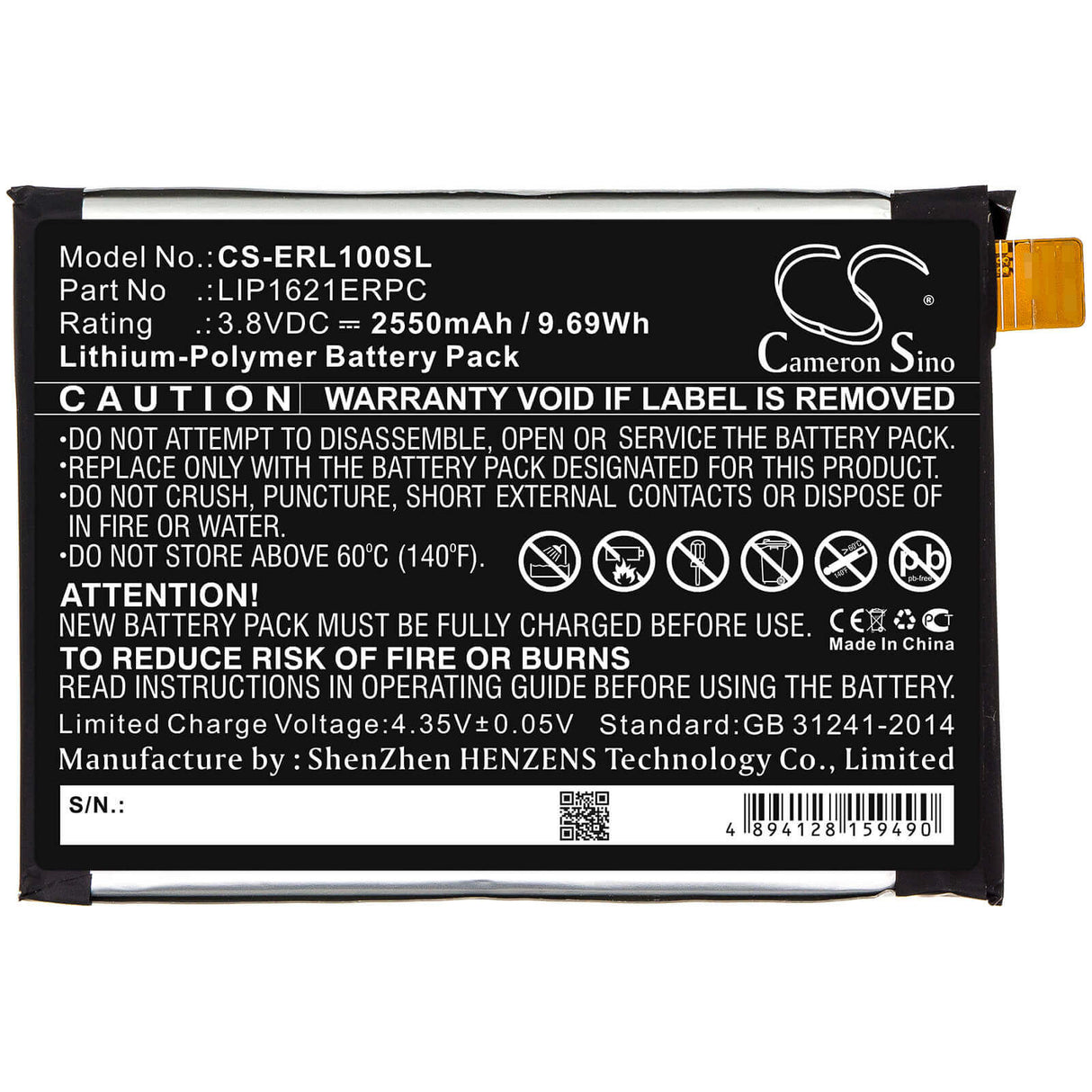 3,8V, Li-Polymère, 2550mAh, batterie pour smartphone compatible avec Sony, Lip1621erpc, G3311, G3312, 9,69Wh Mobile, Smartphone Cameron Sino Technology Limited (Smartphone)
