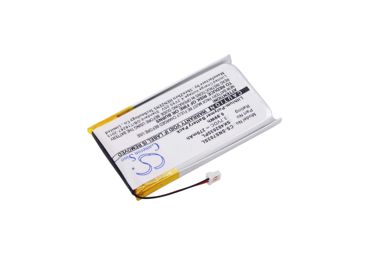 3.7V, Li-Polymer, 270mAh, Media Player battery fits Sony, Sk402035pl, Nw-s603f, Nw-s703f, 1Wh Media Player Cameron Sino Technology Limited (Suspended)