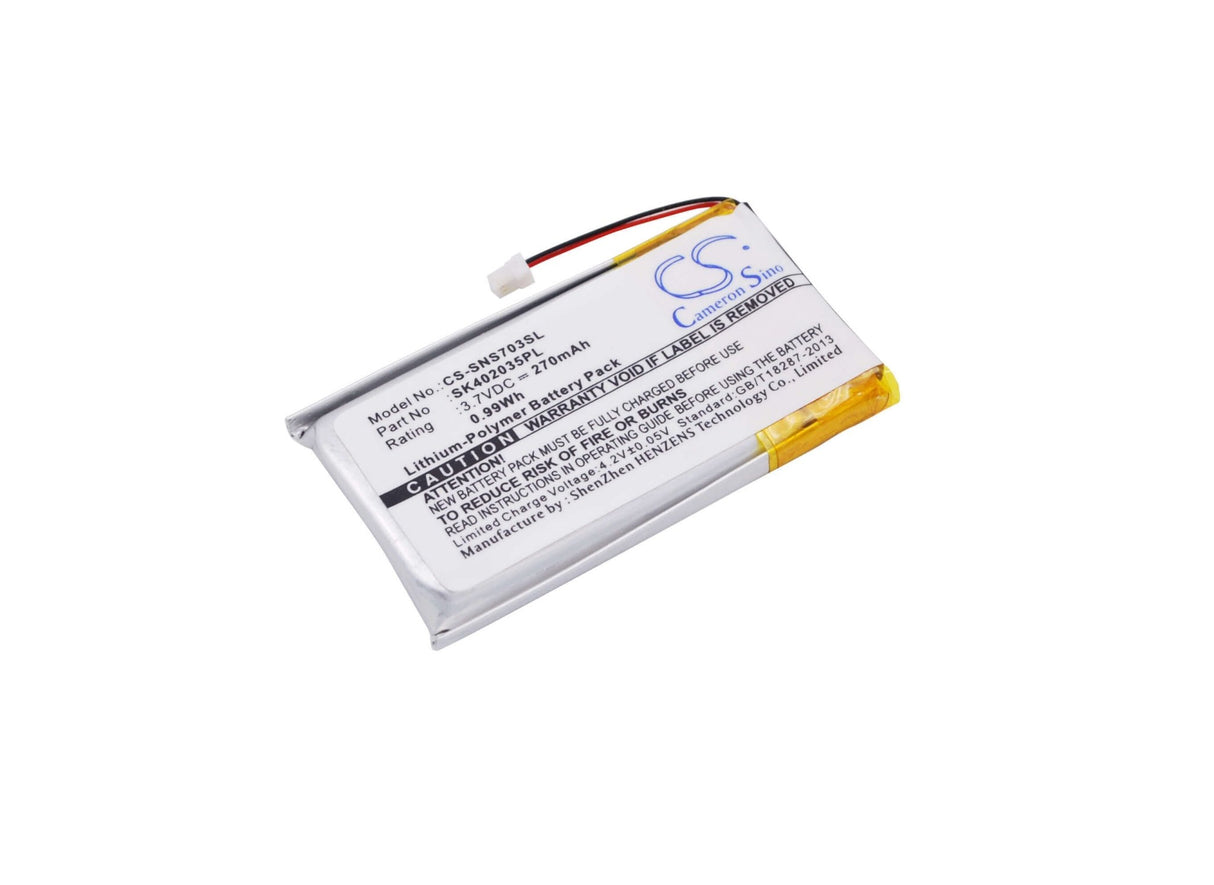 3.7V, Li-Polymer, 270mAh, Media Player battery fits Sony, Sk402035pl, Nw-s603f, Nw-s703f, 1Wh Media Player Cameron Sino Technology Limited (Suspended)