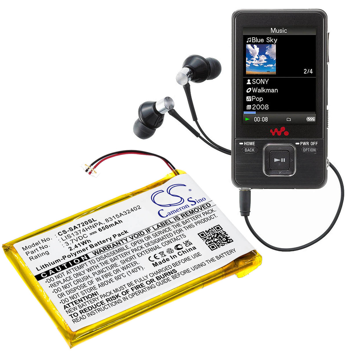 3.7V, Li-Polymer, 650mAh, Media Player battery fits Sony, 1-756-702-11, Nwz-820, Nwz-a720, 2.41Wh Media Player Cameron Sino Technology Limited