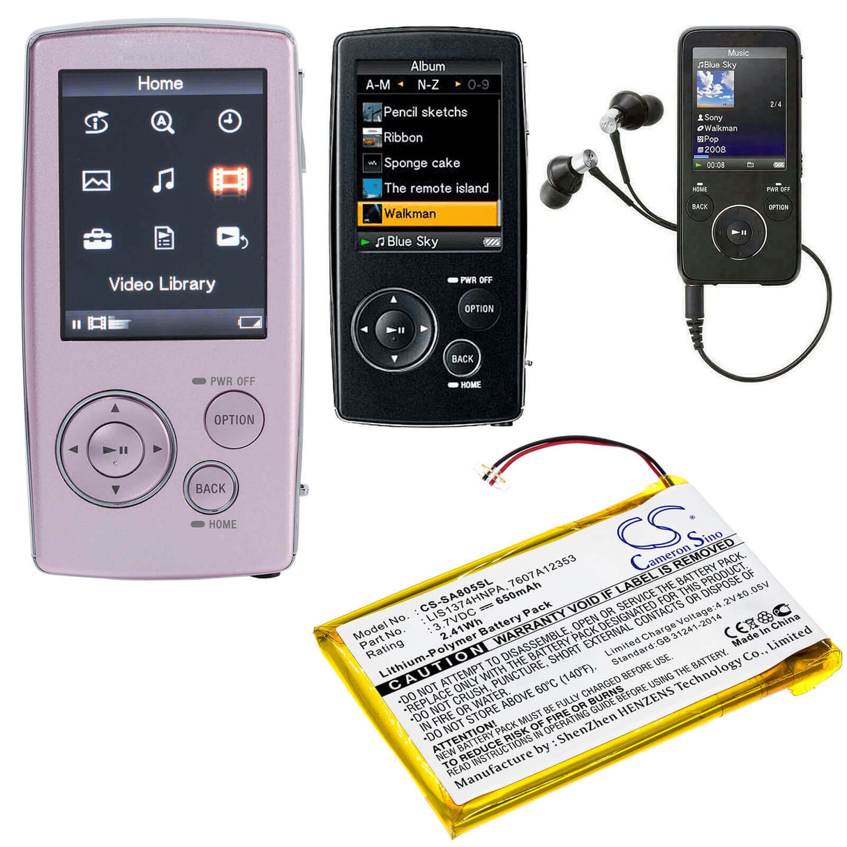 3.7V, Li-Polymer, 650mAh, Media Player battery fits Sony, 1-756-702-11, Nw-a805, Nw-a805b, 2.41Wh Media Player Cameron Sino Technology Limited