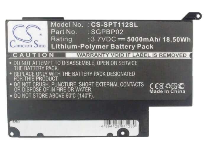 3.7V, Li-Polymer, 5000mAh, Tablet battery fits Sony, Sgpbp02, Sgpt111cn, Sgpt112cn, 18.50Wh Tablet Cameron Sino Technology Limited