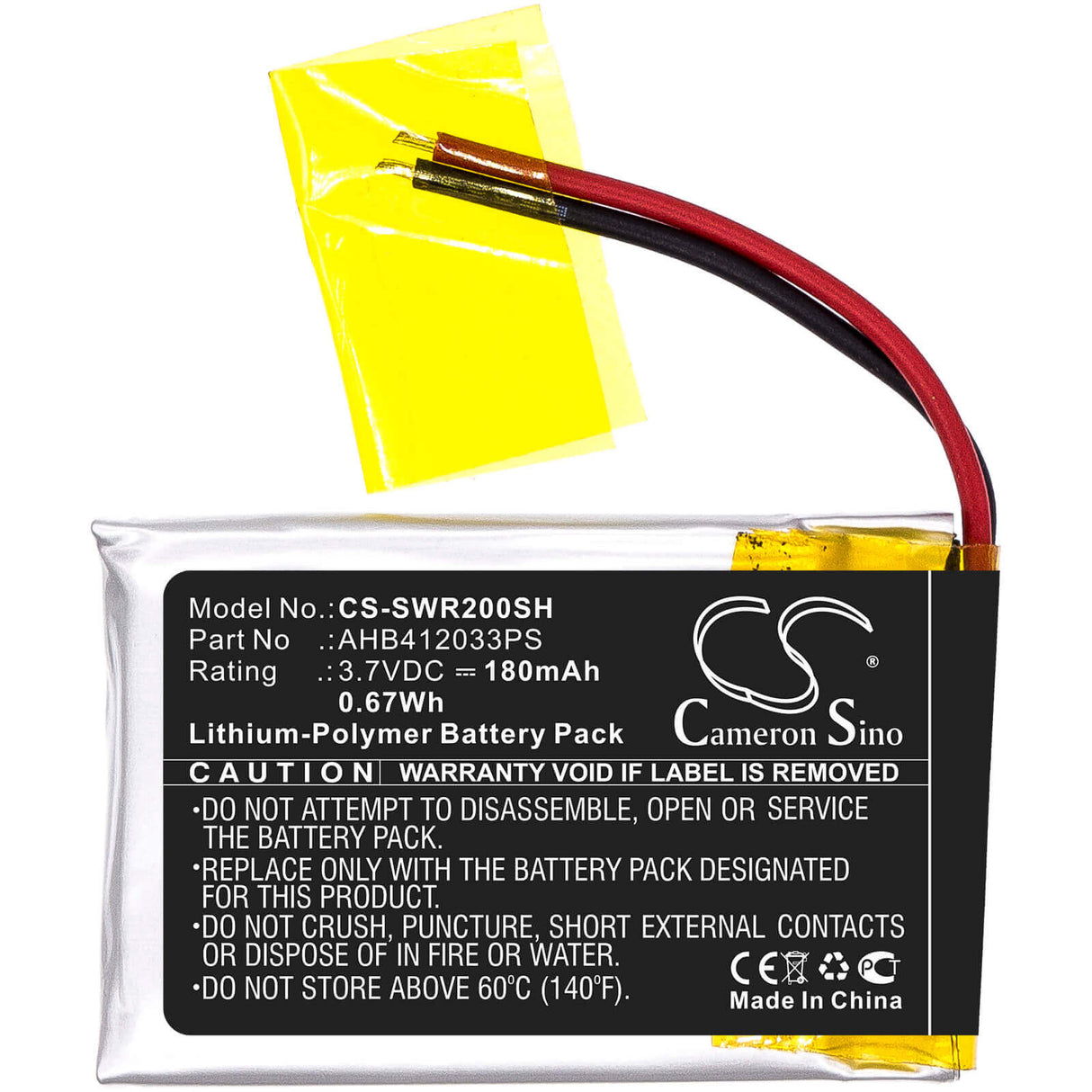 3.7V, Li-Polymer, 180mAh, Smartwatch battery fits Sony, Ahb412033ps, Smartwatch 2, Sw2, 0.67Wh Smartwatch Cameron Sino Technology Limited