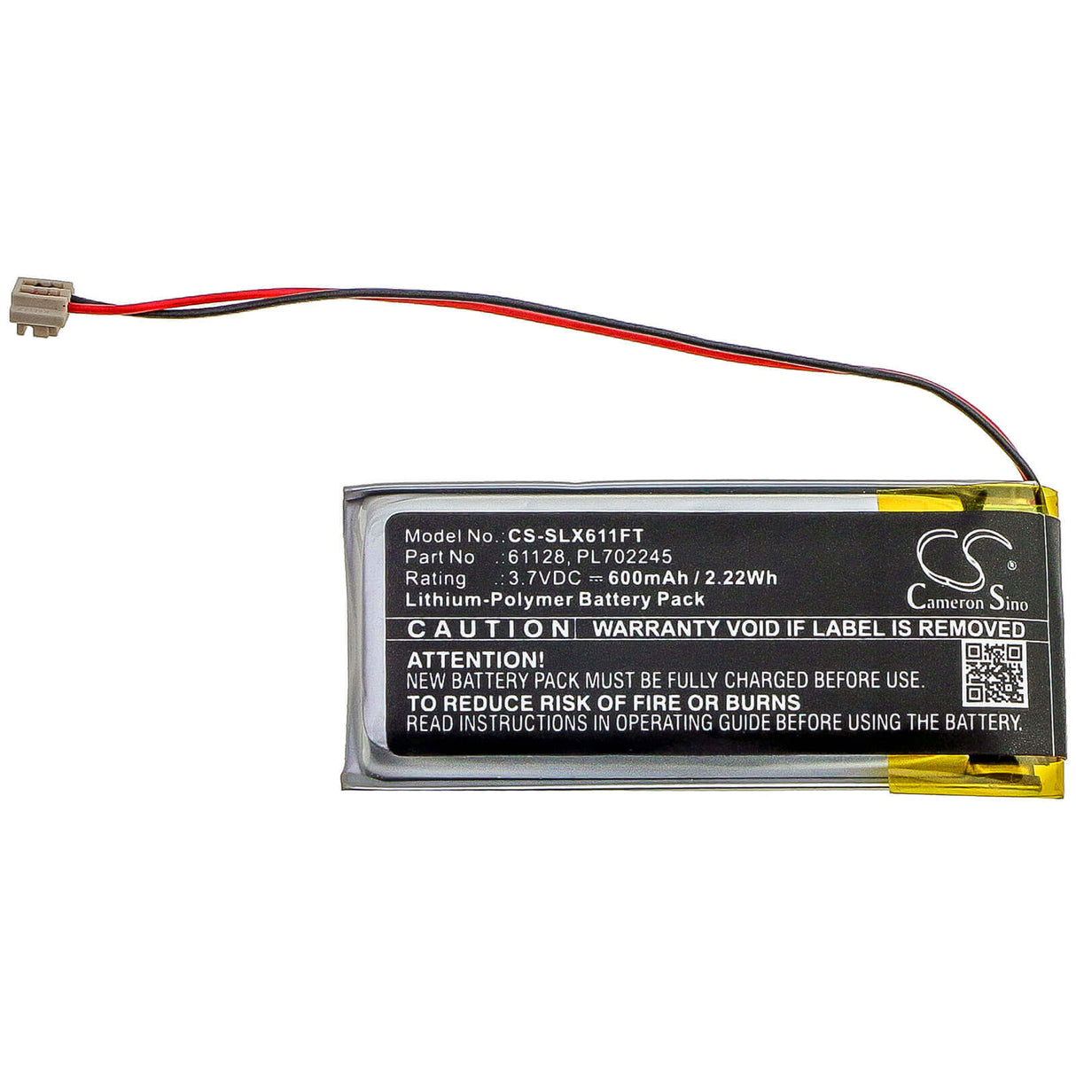 3.7V, Li-Polymer, 600mAh, Flashlight battery fits Streamlight, 61128, Clipmate Usb, 2.22Wh Flashlight Cameron Sino Technology Limited