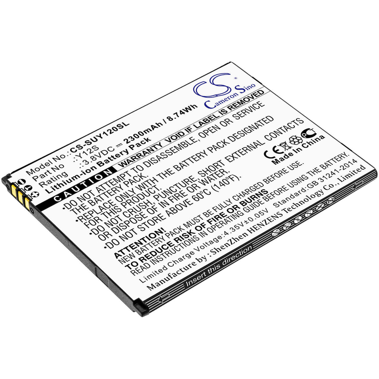 3.8V, Li-ion, 2300mAh, SmartPhone battery fits Sugar, Y12s, Y12s, 8.74Wh Mobile, SmartPhone Cameron Sino Technology Limited (Smartphone)
