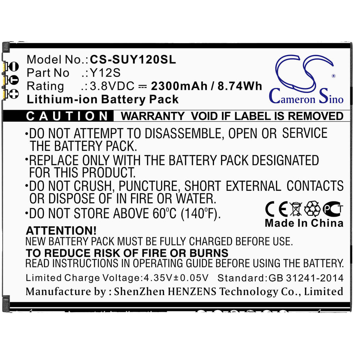 3.8V, Li-ion, 2300mAh, SmartPhone battery fits Sugar, Y12s, Y12s, 8.74Wh Mobile, SmartPhone Cameron Sino Technology Limited (Smartphone)
