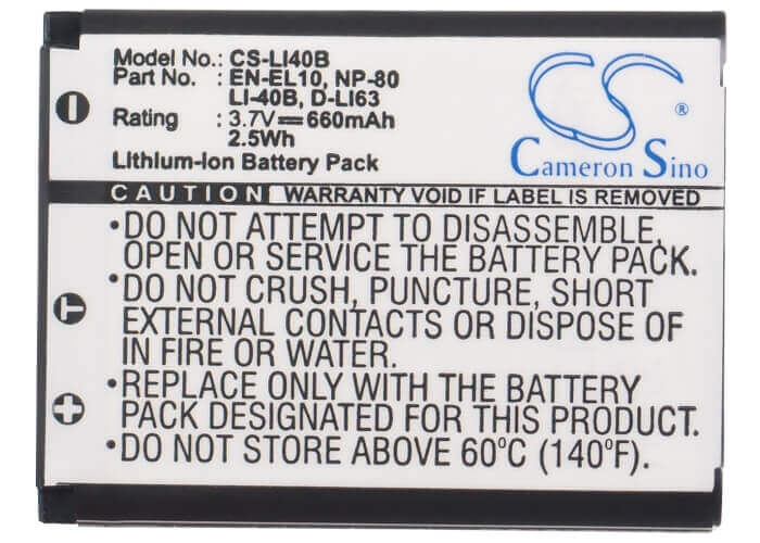 Camera Battery For Li-40b, 3.7v, 660mah - 2.44wh Camera Cameron Sino Technology Limited (Camera)