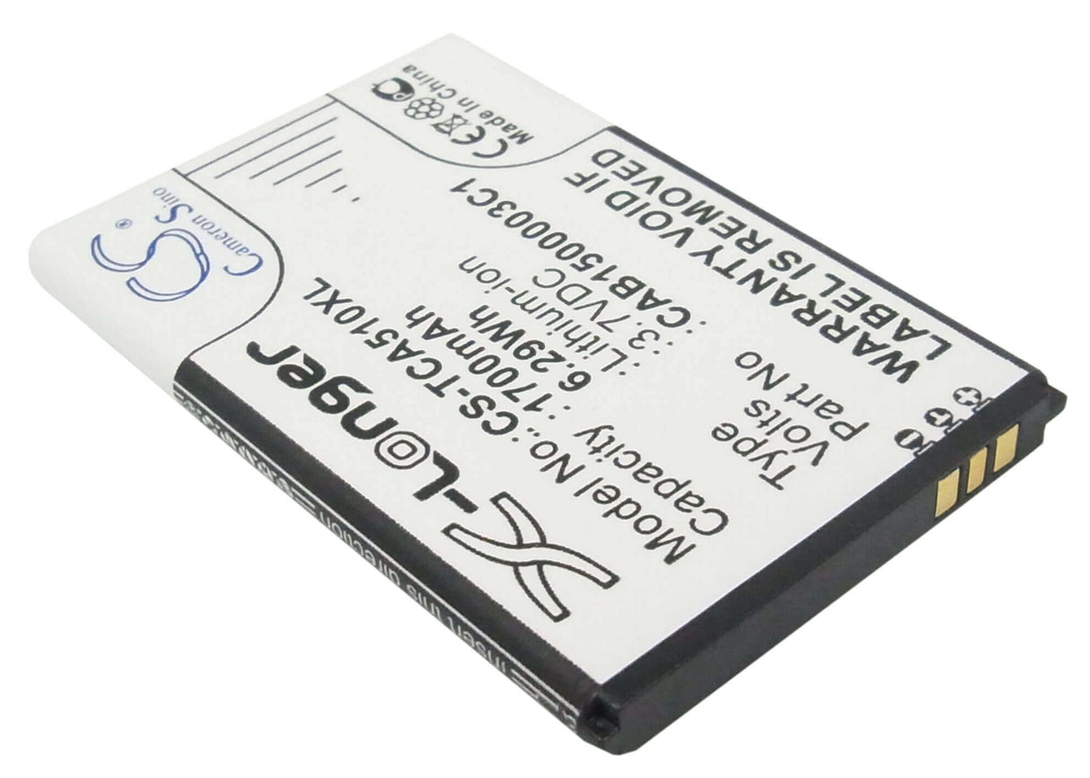 3.7V, Li-ion, 1700mAh, SmartPhone battery fits Tcl, Cab1500002c1, A510, D662, 6.29Wh Mobile, SmartPhone Cameron Sino Technology Limited (Suspended)