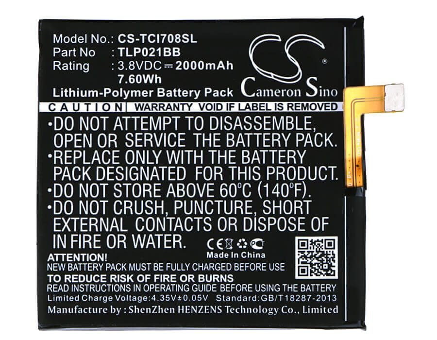 3,8V, Li-Polymer, 2000mAh, batterie de smartphone compatible avec Tcl, Tlp021bb, I708u, I709m, 7.6Wh Mobile, Smartphone Cameron Sino Technology Limited (Suspendu)