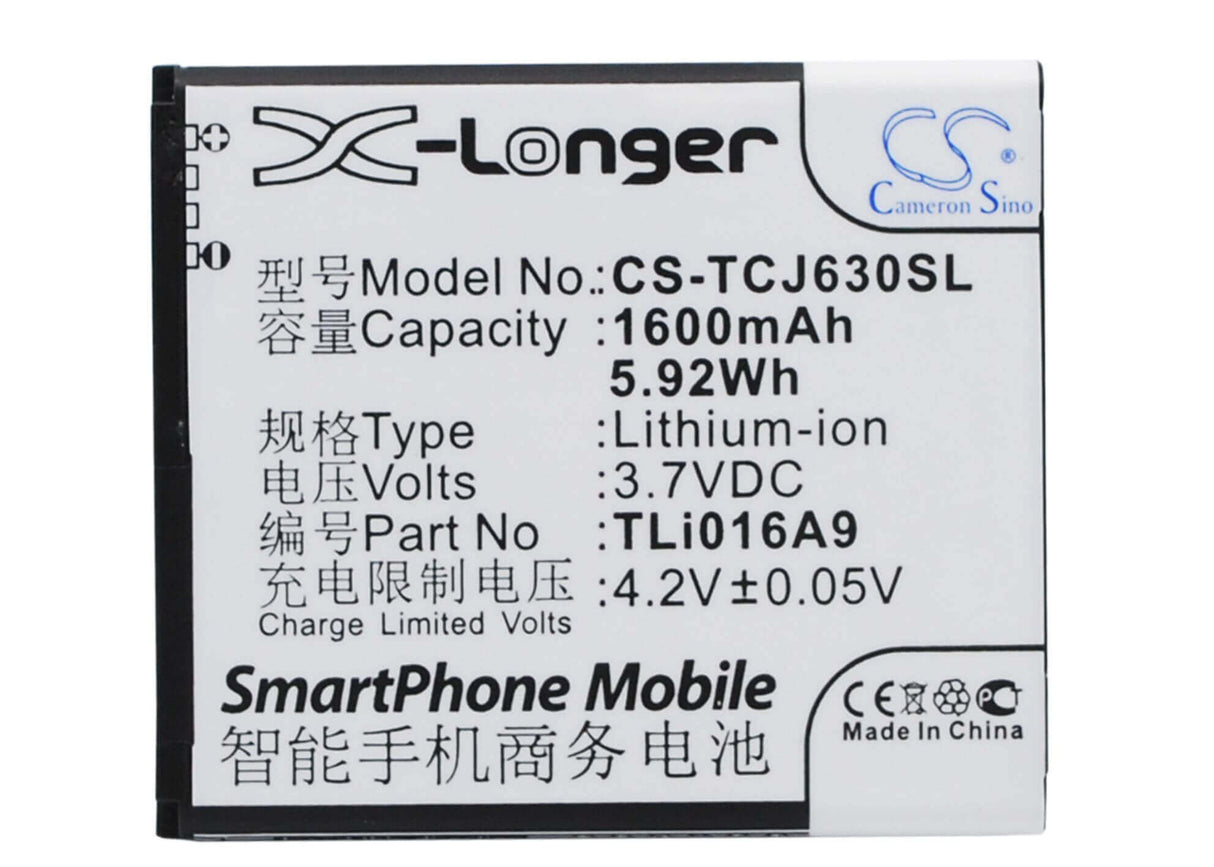 3.7V, Li-ion, 1600mAh, batterie de smartphone compatible avec Tcl, Tli016a9, J600t, J630t, 5.92Wh Mobile, SmartPhone Cameron Sino Technology Limited (Smartphone)