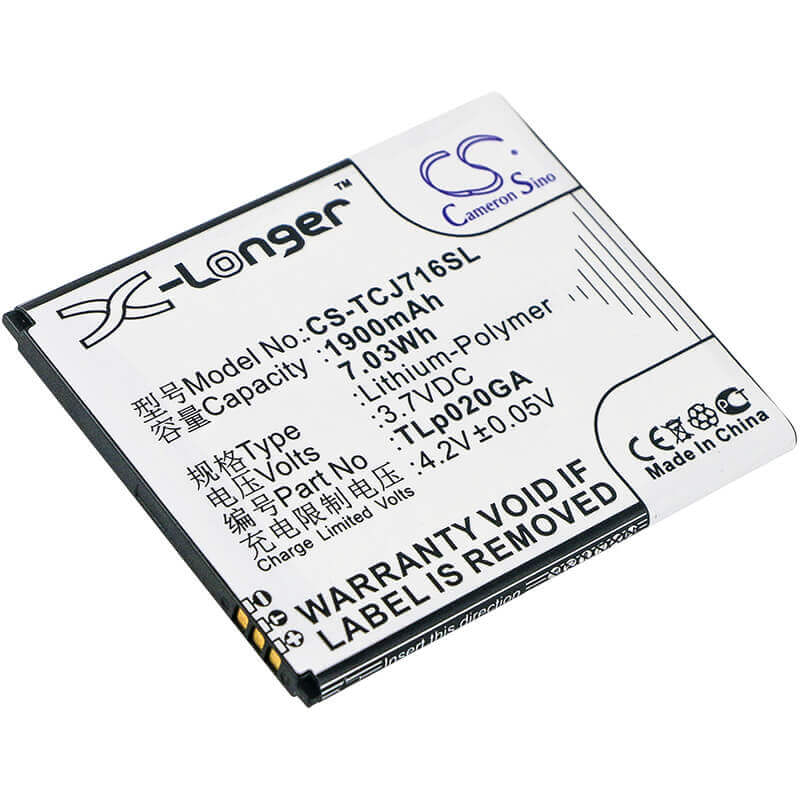 3.7V, Li-Polymère, 1900mAh, batterie de smartphone compatible avec Tcl, Tlp020ga, J716d, 7.03Wh Mobile, Smartphone Cameron Sino Technology Limited (Smartphone)